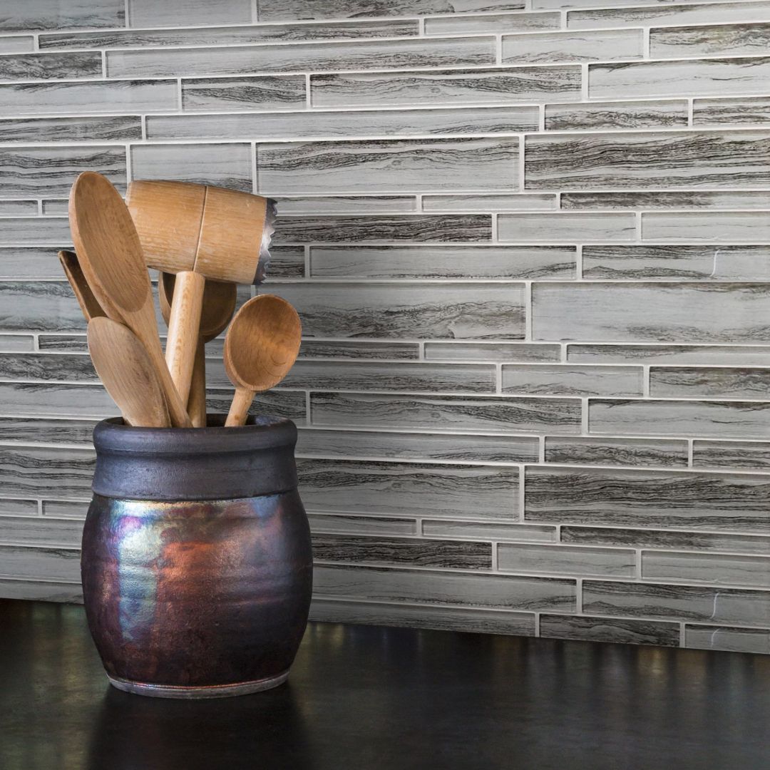 close up of rectangular mosaic tile backsplash | Zen Peace tile by Emser